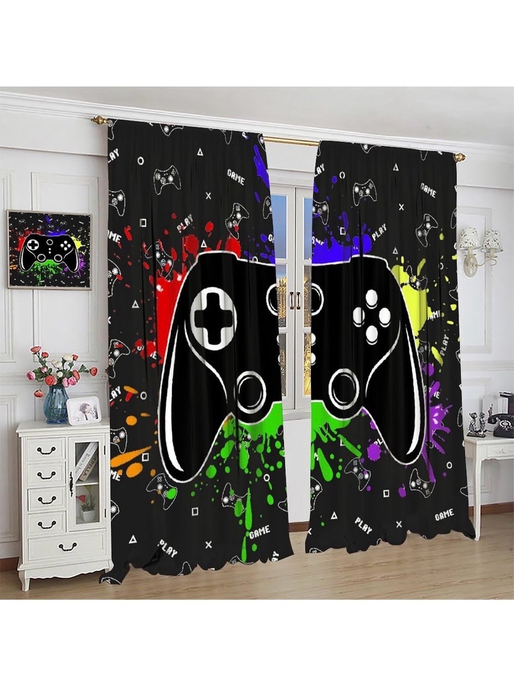 Gaming Curtains for Kids./Teens. Black & multi coloured. 1 pair/2 panels